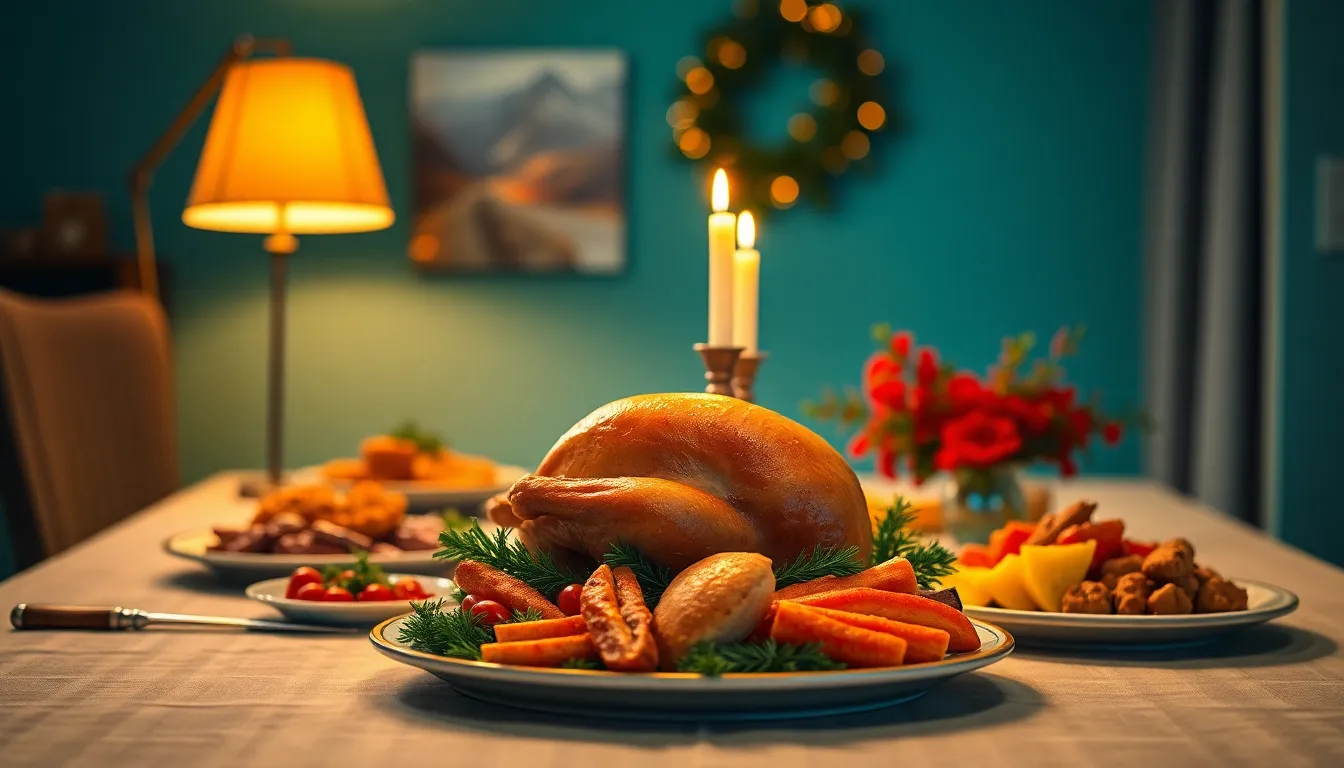 A stunning table setting for a Christmas feast is beautifully illuminated by the warm glow of a tungsten lamp. The centerpiece features a golden-brown roasted turkey surrounded by vibrant side dishes and an inviting candle arrangement. The rich colors and textures create a sumptuous atmosphere, perfect for celebrating the holiday season with family and friends. The composition captures the elegance and warmth of a festive gathering.