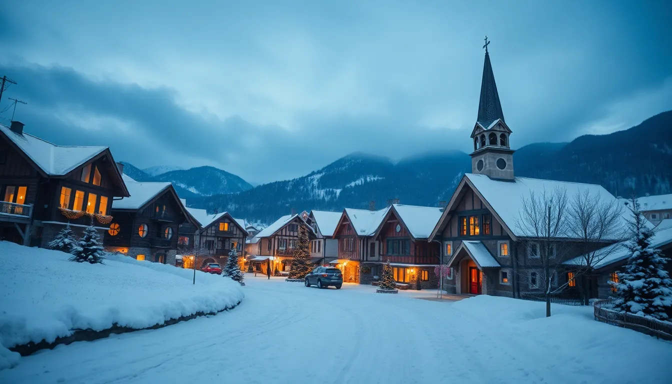 A picturesque Christmas village is captured during a serene snowfall, with twinkling lights illuminating quaint homes and shops. The soft blue evening sky creates a tranquil backdrop for this enchanting scene. The hyperfocal distance gives clarity from foreground details to the distant mountains, inviting viewers into the winter wonderland. This image beautifully evokes the warm spirit of the holiday season.