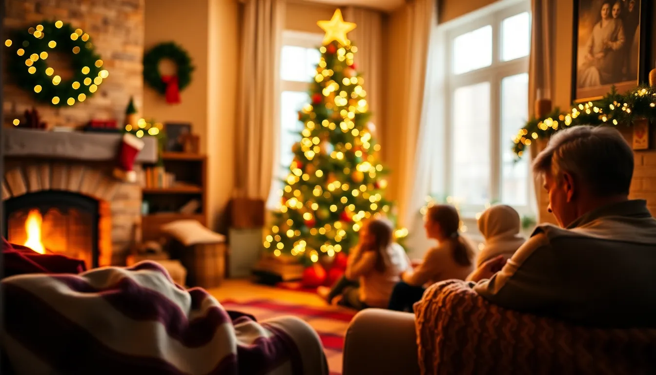 Cozy Christmas Living Room Scene This image captures a warm and inviting Christmas living room, centered around a beautifully adorned Christmas tree. The glow of the fireplace provides a cozy ambiance, while a family shares joyful moments together. Rich reds and greens pop against the warm wood tones, creating a festive atmosphere. The composition draws the viewer's eye toward the tree, emphasizing the holiday spirit and family togetherness.