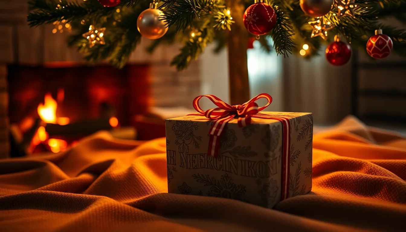 This image showcases a beautifully wrapped Christmas gift nestled under a decorated tree, illuminated by the warm light of a nearby fireplace. The soft fabrics and intricate ribbon details create a cozy ambiance the holidays evoke. The muted colors enhance the inviting atmosphere, while the shallow depth of field draws focus to the gift, surrounded by tactile textures of fabric and decorations.