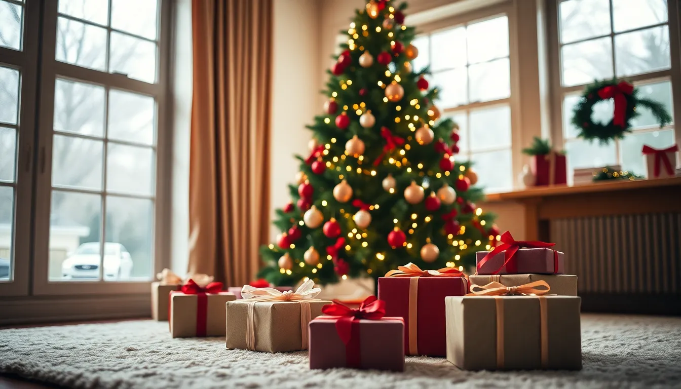 This image showcases a stunning Christmas tree adorned with bright ornaments and shimmering lights, set against the warm glow of morning light. The vibrant reds and greens create a festive atmosphere, while the softly blurred presents in the foreground enhance the cozy holiday vibe. The tree is positioned off-center, drawing the viewer’s eye through the warm, inviting space, perfect for capturing the essence of the season.