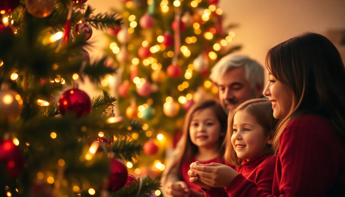 A heartwarming scene of a family joyfully decorating a Christmas tree in their cozy living room. The golden hour light casts a warm glow, illuminating the colorful ornaments and twinkling lights. You can see the smiles on their faces as they hang each piece, creating a lively and festive atmosphere. The background beautifully blurs, focusing on the joy of the family experience during the holiday season.