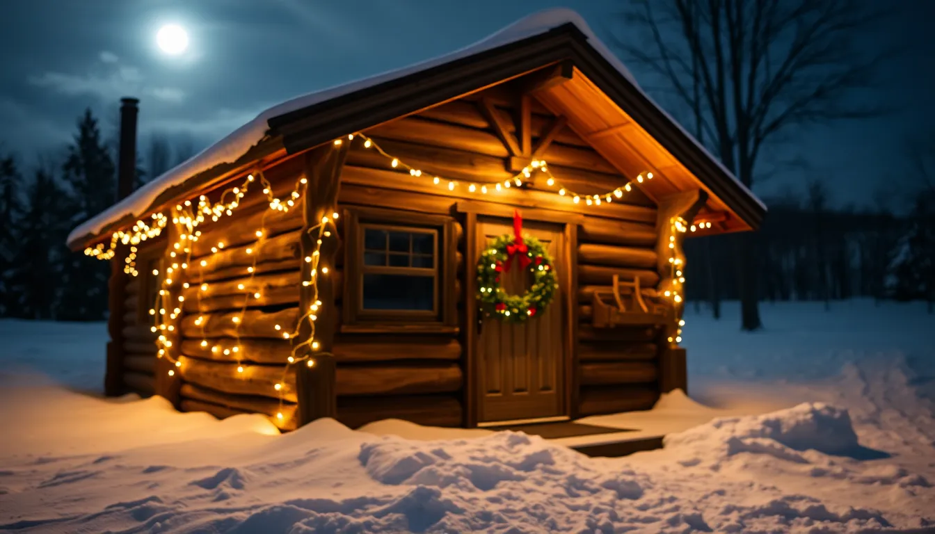 A picturesque wooden cabin adorned with a festive wreath and glowing fairy lights stands serenely in a snowy landscape. The moonlight softly illuminates the scene, providing a calm and inviting atmosphere. Rich textures of the weathered wood and snow contrast beautifully with the warm colors of the decorations. This image encapsulates the cozy spirit of Christmas amidst a tranquil winter night.