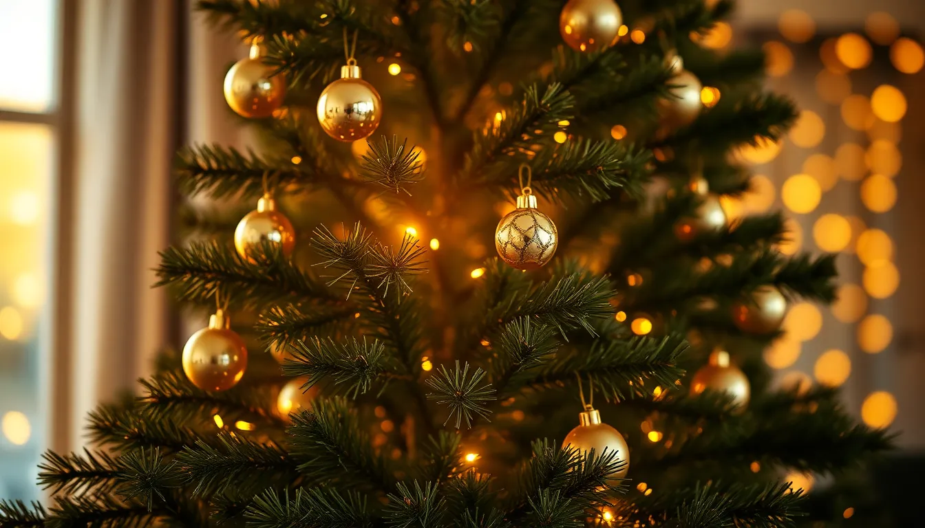 This image captures a stunning Christmas tree adorned with shimmering ornaments and twinkling lights during golden hour. The warm backlighting creates a cozy atmosphere, while the rich greens of the tree contrast with the sparkling gold decorations. The scene is tastefully arranged, with a shallow focus that draws attention to the intricacies of the ornaments. Perfect for holiday-themed content, it evokes feelings of warmth and cheer.