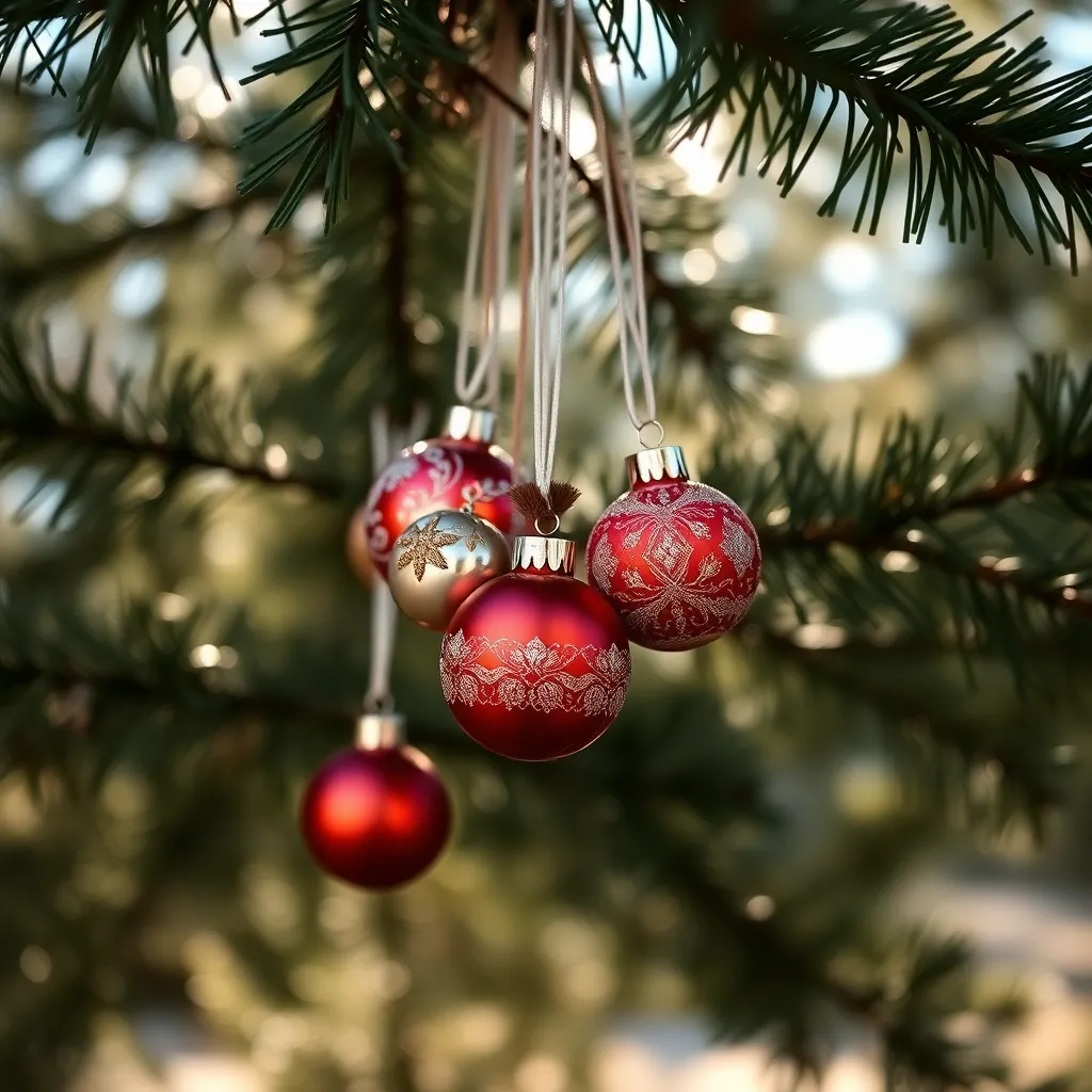 This image captures a stunning close-up of festive ornaments delicately hanging from pine branches, illuminated by dappled sunlight. The vivid colors of the ornaments contrast beautifully against the natural greens of the pine needles, creating a vibrant holiday scene. With the creamy bokeh enhancing the background, the intricate details and textures of each ornament are showcased, inviting viewers into the festive spirit.