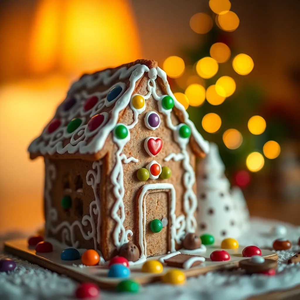 This enchanting close-up captures a beautifully crafted gingerbread house, adorned with colorful candies and intricate icing designs. Warm tones illuminate the scene, drawing attention to the meticulous details and textures of the gingerbread. A soft background blur further enhances the inviting aesthetic, making it feel like a piece of holiday magic. Ideal for foodies and festive themes, this image embodies the spirit of holiday baking.