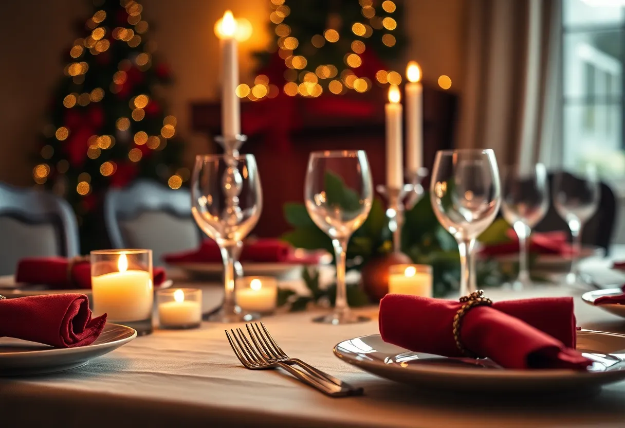 Elegant Christmas Dinner Table Setting This image captures an elegantly arranged Christmas dinner table, illuminated by the warm glow of candles and fairy lights. The rich textures of the polished silverware and fine linen tablecloth invite the viewer into a festive dining experience. Deep reds, greens, and golds dominate the color palette, enhancing the holiday spirit. The use of leading lines guides the viewer's eye towards the beautifully crafted centerpiece, making this image a perfect representation of Christmas gatherings.