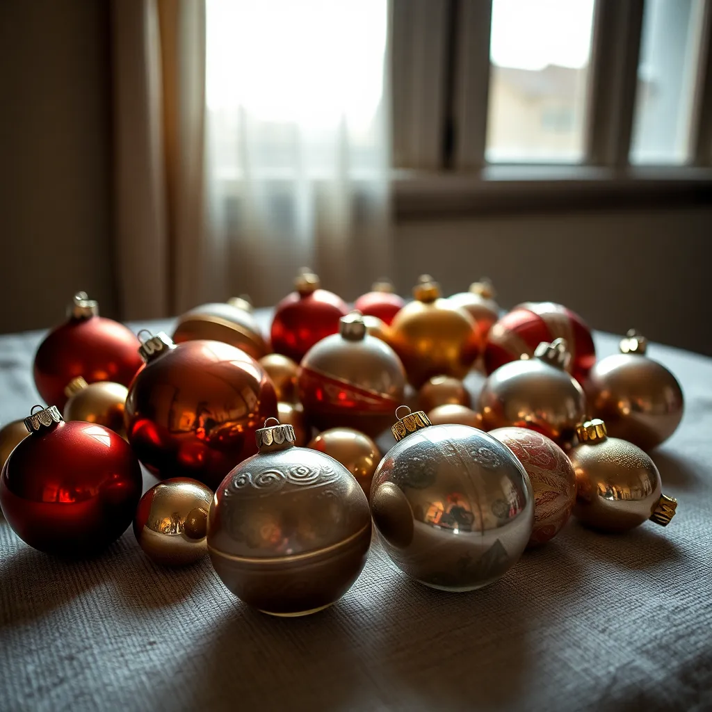 An artistic arrangement of vintage Christmas ornaments is beautifully displayed on a textured linen surface, capturing the essence of holiday nostalgia. Soft daylight illuminates the intricate details and rich colors of the glass and metallic ornaments. This composition invites viewers to reflect on cherished memories, all while celebrating the timeless beauty of Christmas traditions.