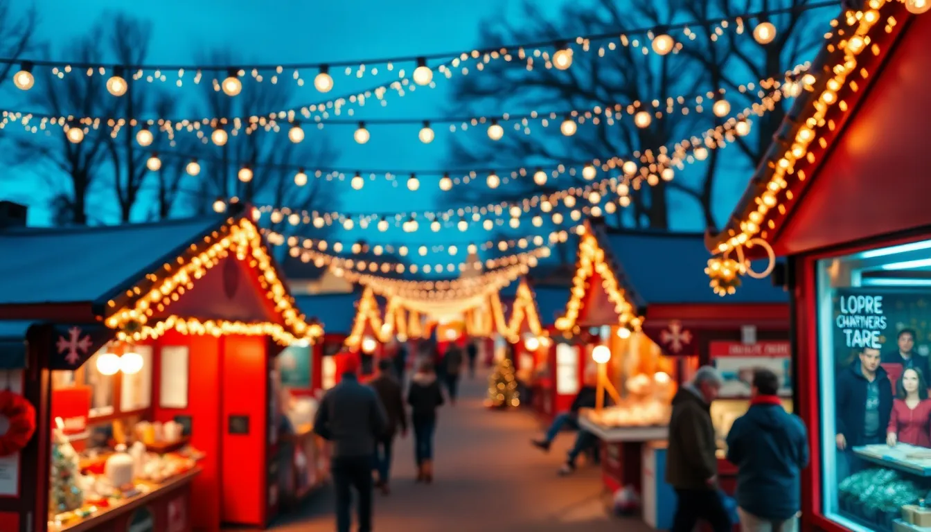 This dynamic image captures the lively atmosphere of an outdoor Christmas market, bustling with colorful stalls and twinkling lights against a twilight backdrop. The cool blues of the evening sky contrast beautifully with the warm glow of the string lights, evoking a festive holiday spirit. Utilizing hyperfocal depth of field, everything is in sharp focus, immersing viewers in the vibrant market scene. Ideal for showcasing seasonal festivities and community gatherings.