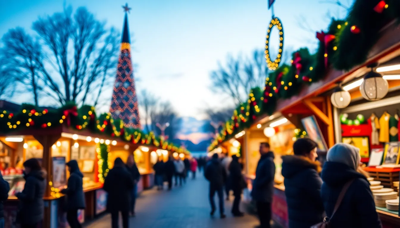 This vibrant image captures the lively essence of a holiday market bustling with activity as dusk settles. Stalls are adorned with colorful lights and decorations, creating a warm contrast against the soft blue twilight sky. The use of shallow depth of field sharpens the focus on the stalls, inviting viewers to immerse themselves in the festive atmosphere. Perfect for conveying the joy and excitement of holiday shopping and community gatherings.