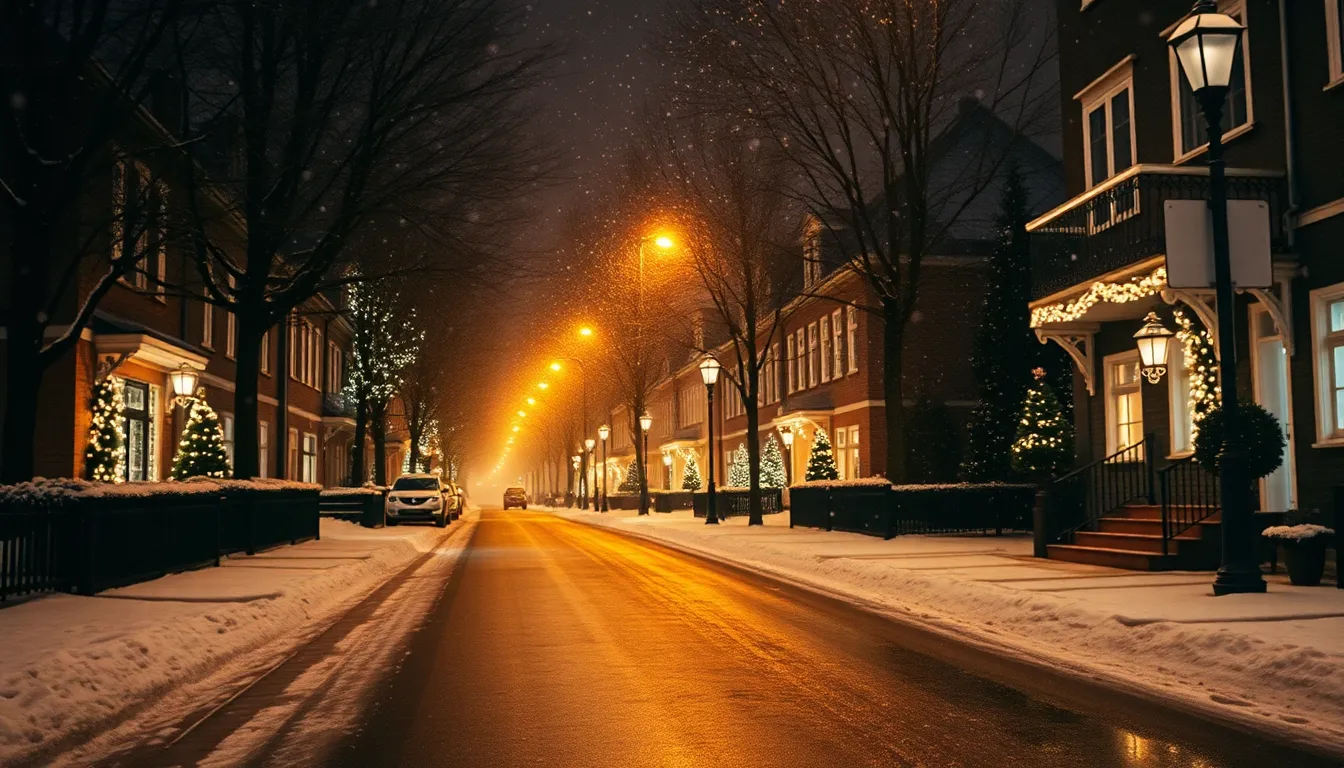 This enchanting nighttime street scene captures a beautifully decorated neighborhood during Christmas, with soft snowflakes falling amidst shimmering lights from street lamps. The warm glow creates a cozy atmosphere, contrasting with the cool tones of the snow-covered ground. The Dutch angle composition adds a sense of dynamic tension, inviting viewers to appreciate the intricate details of the decorations and the magic of the holiday season.