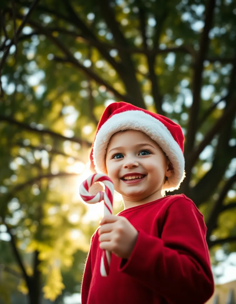 A delightful image of a cheerful child wearing a red Santa hat, joyfully holding a candy cane outdoors. The scene is suffused with dappled sunlight filtering through tree branches, creating soft highlights around the subject. The selective focus captures the child's joyful expression, with the vibrant red hat and candy cane contrasting against a muted background. Leading lines enhance the composition, inviting the viewer to experience the magic of childhood during the Christmas season.