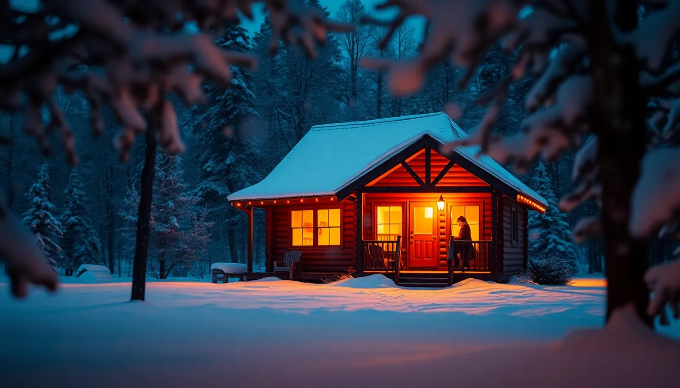 A breathtaking scene of a cozy cabin nestled in a winter wonderland, illuminated by warm firelight from the windows. Soft snowflakes delicately fall around, creating a magical and serene atmosphere. The contrasting colors of warm light against the cool blues and whites of snow capture the essence of a perfect holiday evening. This beautifully composed image invites viewers to experience the charm and tranquility of a winter getaway.