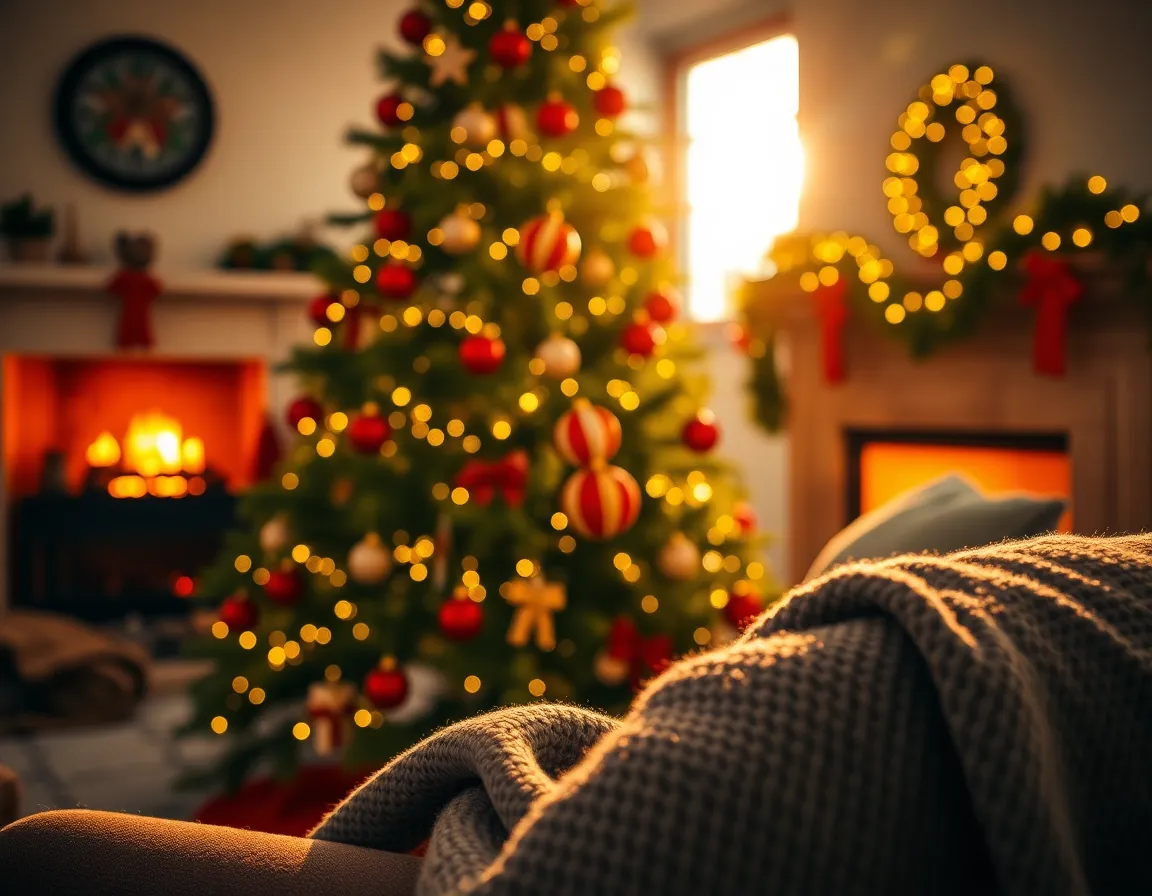 This heartwarming scene captures a family gathered around a beautifully adorned Christmas tree, illuminated by the glowing warmth of a golden hour sunset. The focused expression of a child as they place an ornament brings life to the image, while the softly blurred background of the tree enhances the festive ambiance. The colors are warm and inviting, creating a nostalgic holiday atmosphere that celebrates togetherness and joy.