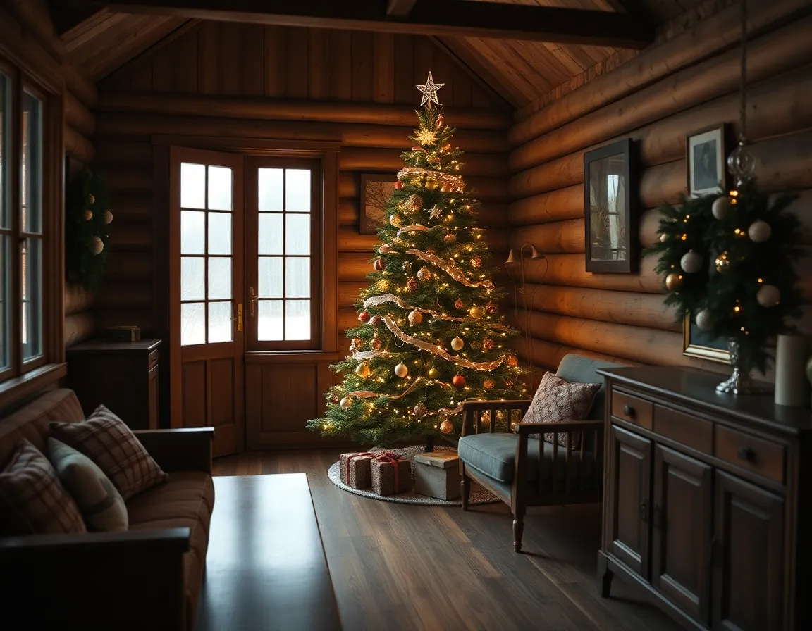 Inside a charming wooden cabin, a beautifully decorated Christmas tree sparkles in the soft light of a cloudy day. The room is filled with vintage furniture, adding warmth and nostalgia to the festive atmosphere. Handcrafted ornaments, twinkling lights, and a serene ambiance invite viewers to imagine cozy holiday gatherings. The composition emphasizes the tree as a focal point, evoking the spirit of Christmas indoors.