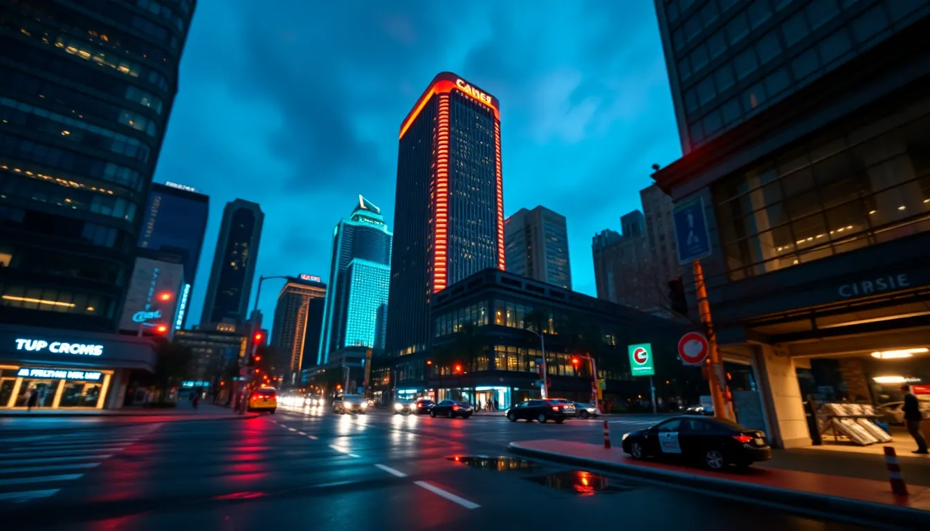 Twilight Cityscape with Neon Lights