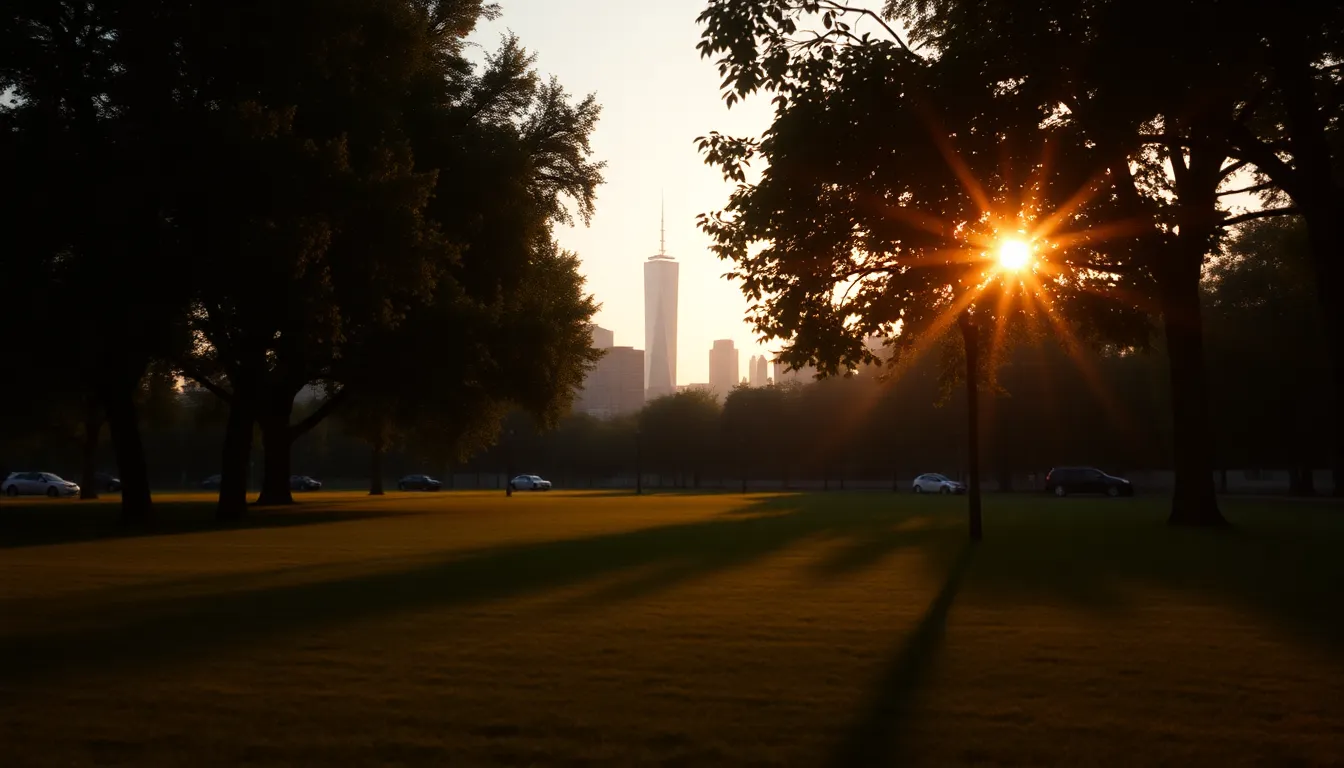 Urban Park at Sunset with City Skyline
