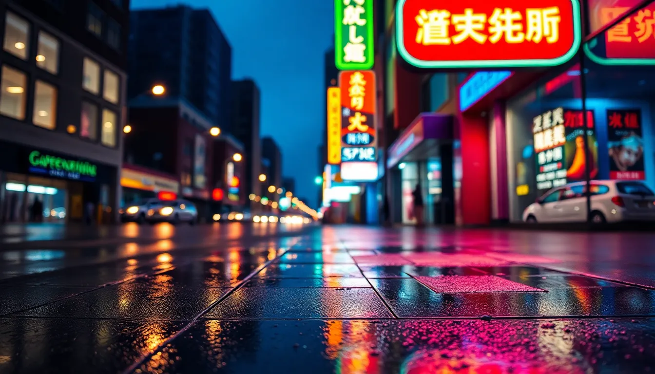 Vibrant Neon City Lights on a Rainy Night