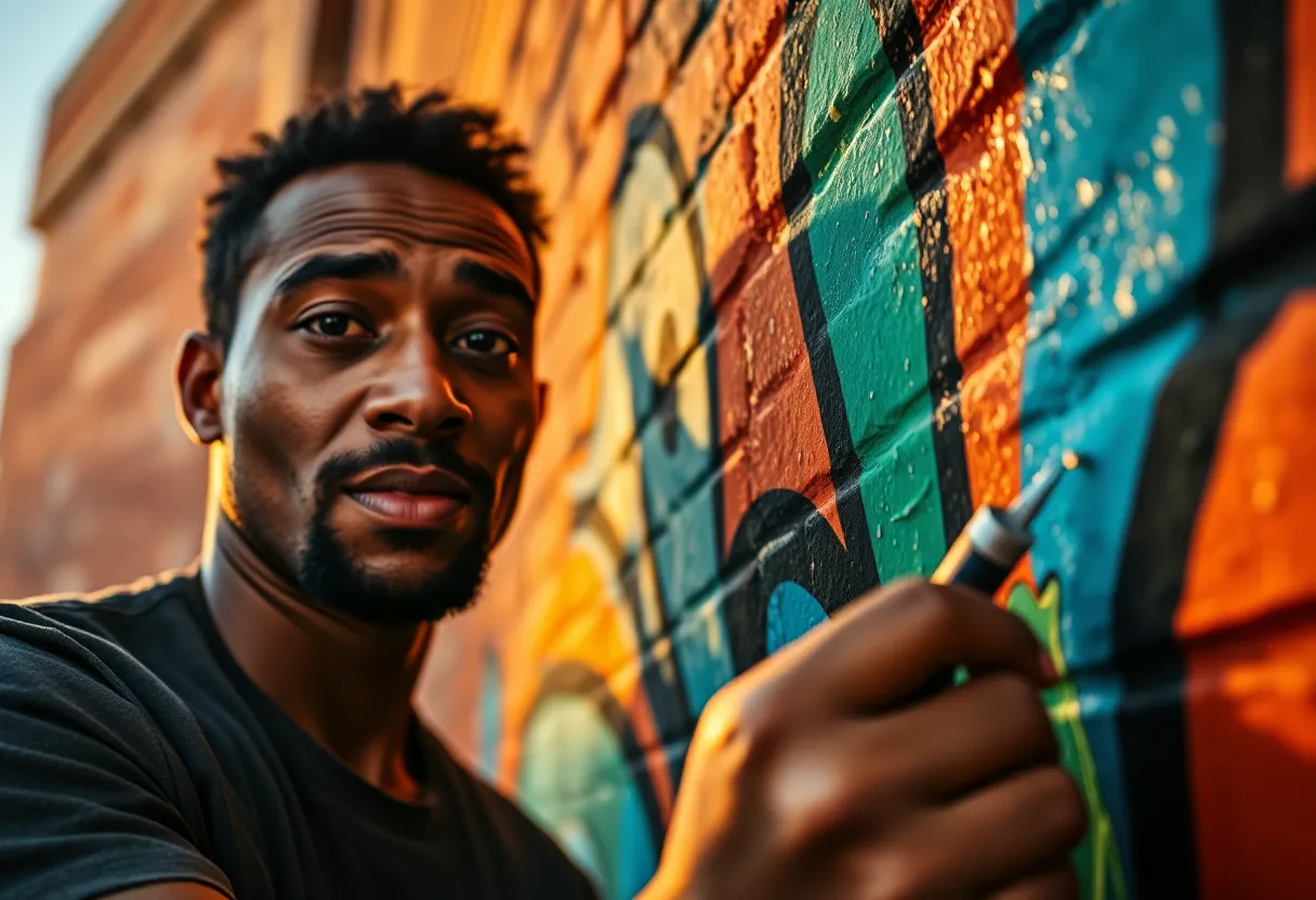 Street Artist Creating Colorful Mural