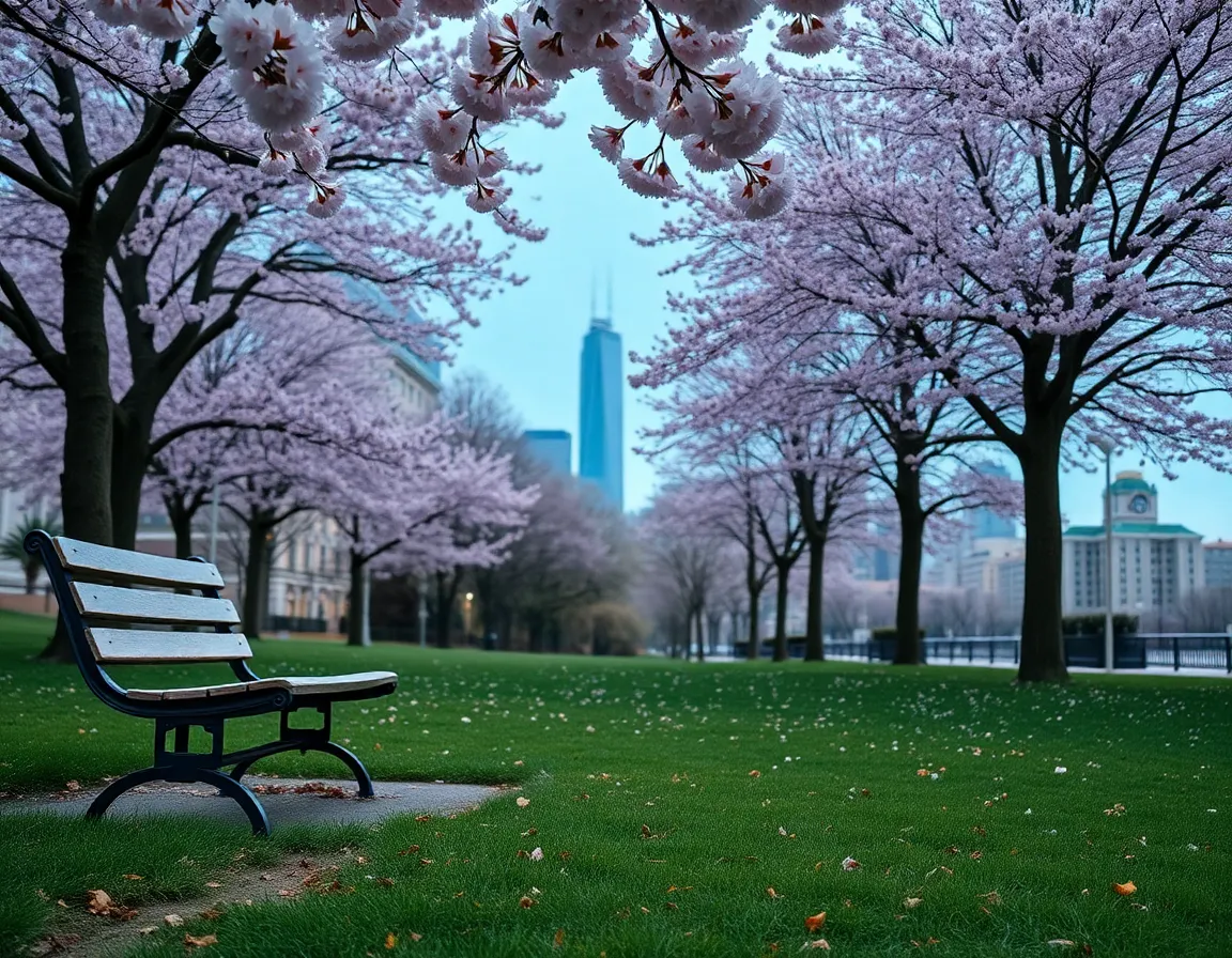 A serene city park scene at dusk, showcasing benches nestled under blooming cherry blossom trees. The soft overcast lighting enhances the delicate pink hues of the flowers while creating a calm ambiance. The image captures the tranquil essence of urban nature, inviting viewers to imagine a quiet moment spent in this idyllic setting. The contrast between the natural beauty and the urban backdrop is beautifully rendered in the details.
