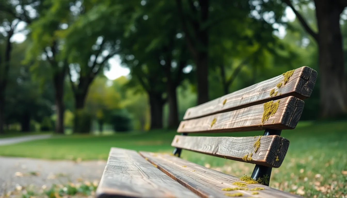 A serene park bench sits amidst vibrant greenery in a city park, bathed in soft overcast light. The weathered wood shows hints of moss, inviting visitors to sit and relax. The gentle bokeh blurs the background foliage, emphasizing the tranquility of the scene. The overall muted color palette evokes a peaceful ambience, inviting one to enjoy nature's embrace in the heart of the city.