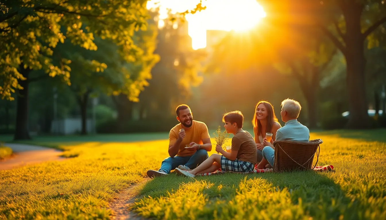 Family Picnic at Sunset in City Park