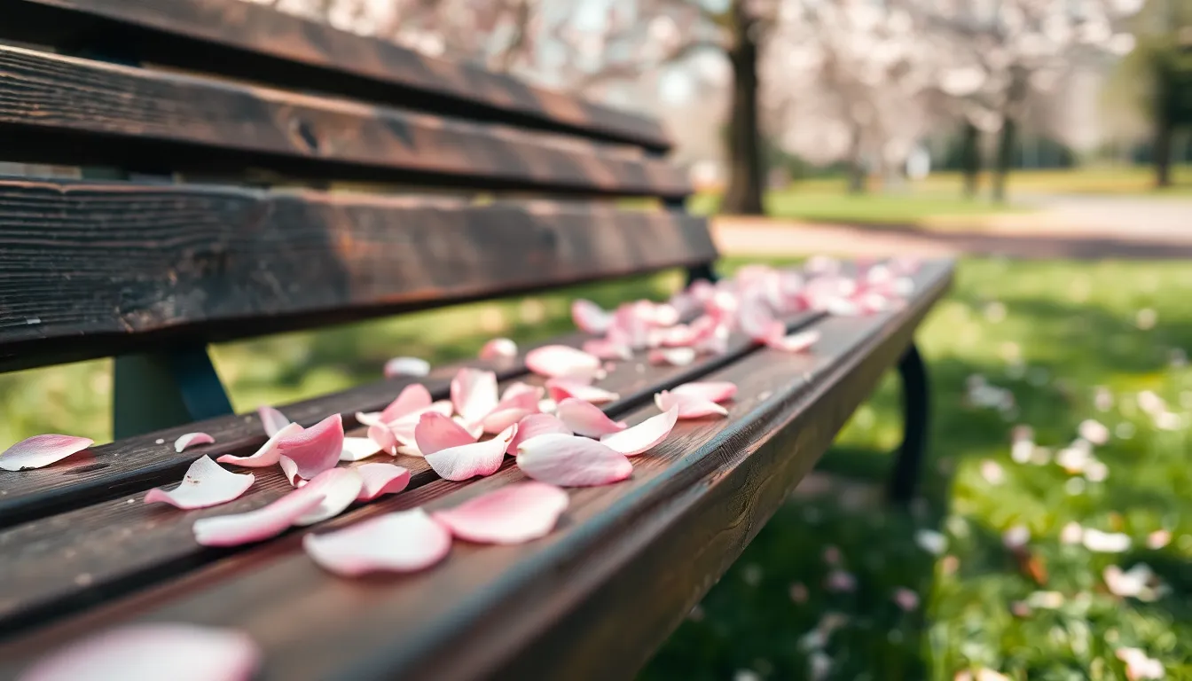 Cherry Blossom Petals on a Park Bench