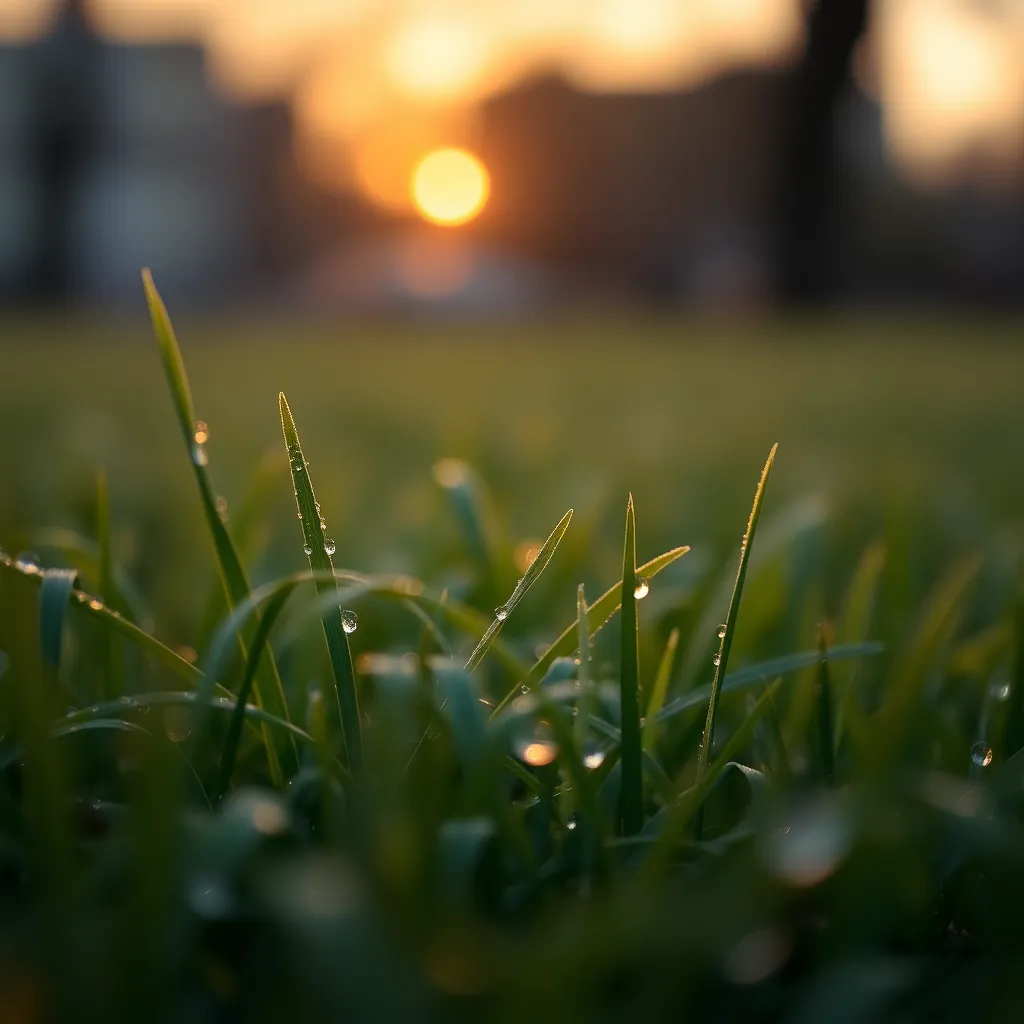 Dew on Grass at Sunrise in City Park
