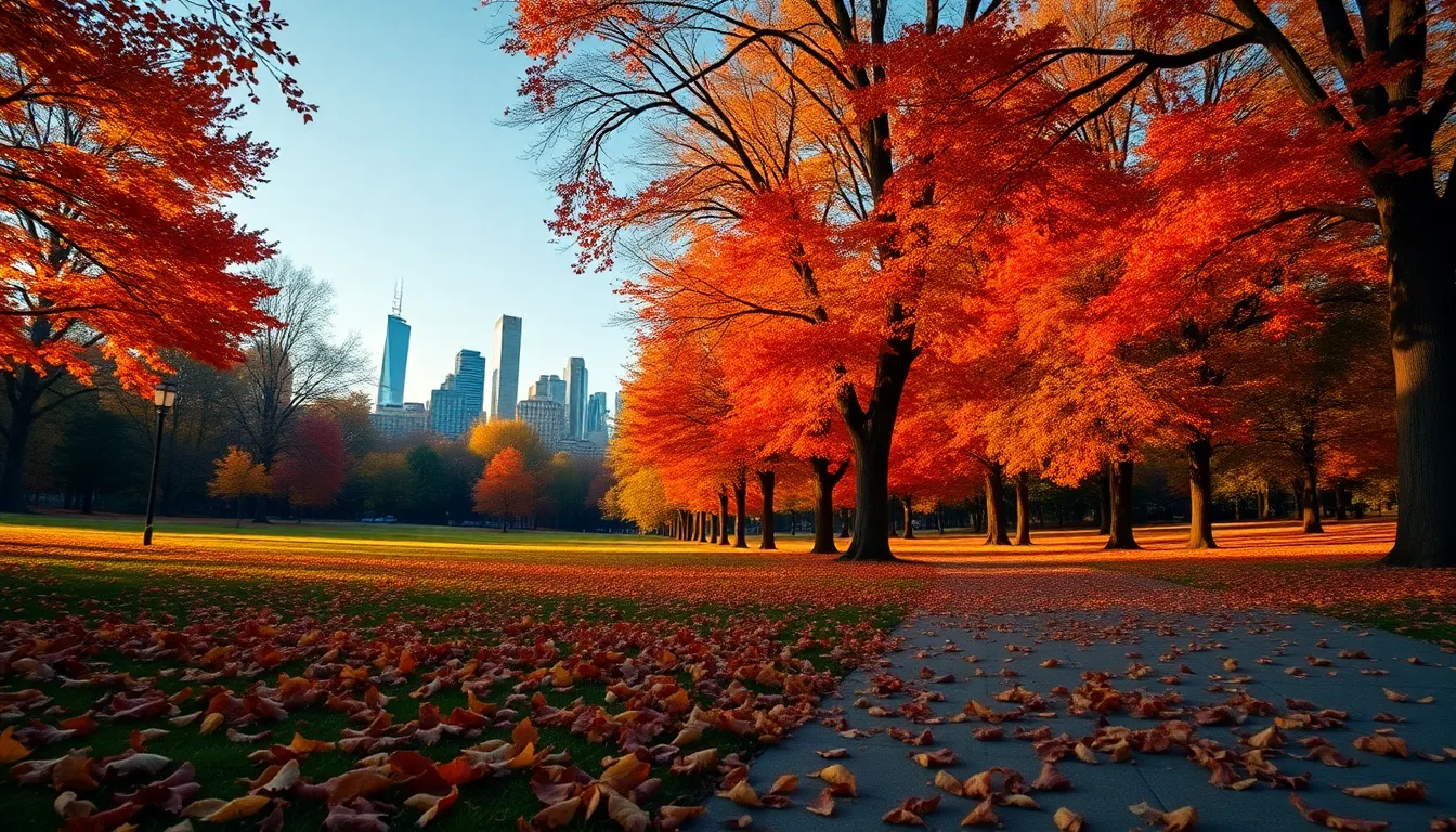 A breathtaking panoramic view of a city park during the peak of autumn, featuring trees ablaze with vibrant orange and red foliage. The warm afternoon light casts a golden glow over the scene, enhancing the rich colors and creating a cinematic atmosphere. A well-defined path leads the viewer's eye through the colorful landscape, inviting them to stroll among the fallen leaves. This image beautifully captures the essence of autumn in an urban setting.