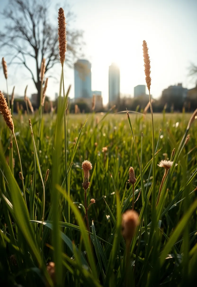 This captivating image showcases an expanse of tall grass in a city park, dramatically lit by late afternoon sunlight. The macro lens reveals intricate textures of dew-covered blades and delicate wildflowers. A low-angle perspective emphasizes the park's vastness, gently leading the eye toward the distant city skyline. The natural colors create a soothing mood, blending the beauty of nature with urban life.