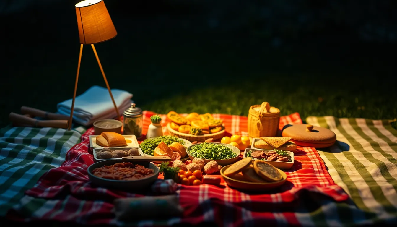A beautifully arranged picnic spread lays on a checked blanket in a city park, illuminated by warm light from a nearby lamp. The sumptuous display of fruits, cheeses, and breads showcases rich colors, from vibrant reds to deep greens. The lush grass adds texture to the scene, while the shallow depth of field keeps the focus on the delightful picnic fare. This inviting scene celebrates the joy of dining outdoors and enjoying nature.
