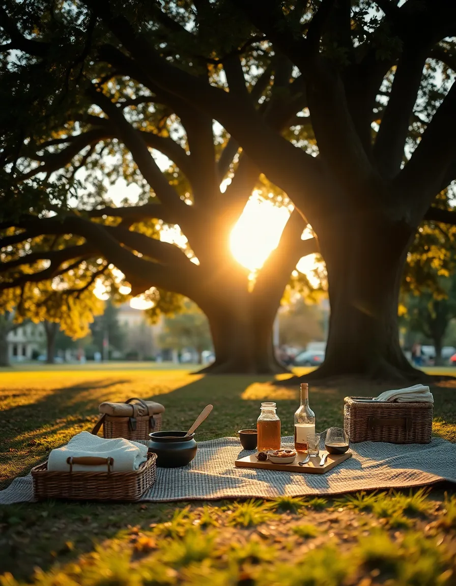 This serene image captures a cozy picnic setup beneath a majestic oak tree in a city park during the golden hour. The warm evening light bathes the scene in an inviting glow, highlighting the textures of the woven blanket and rustic picnic accessories. A leading line flows gently from the blanket to the tree, creating a sense of connection with nature. The rich earth tones bring a comforting and relaxed atmosphere to this urban retreat.