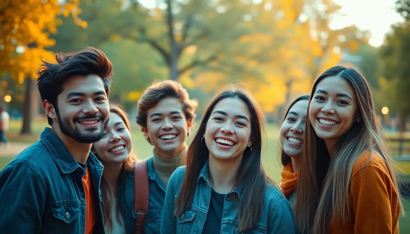 A group of friends share laughter and joy in a city park, beautifully lit with a soft studio setup. Their radiant expressions are the focal point, enhanced by cinematic teal and orange tones. The composition melds the natural park scenery into a soft blur, emphasizing the warmth of their connection. This heartwarming scene encapsulates friendship and the joy of outdoor gatherings.