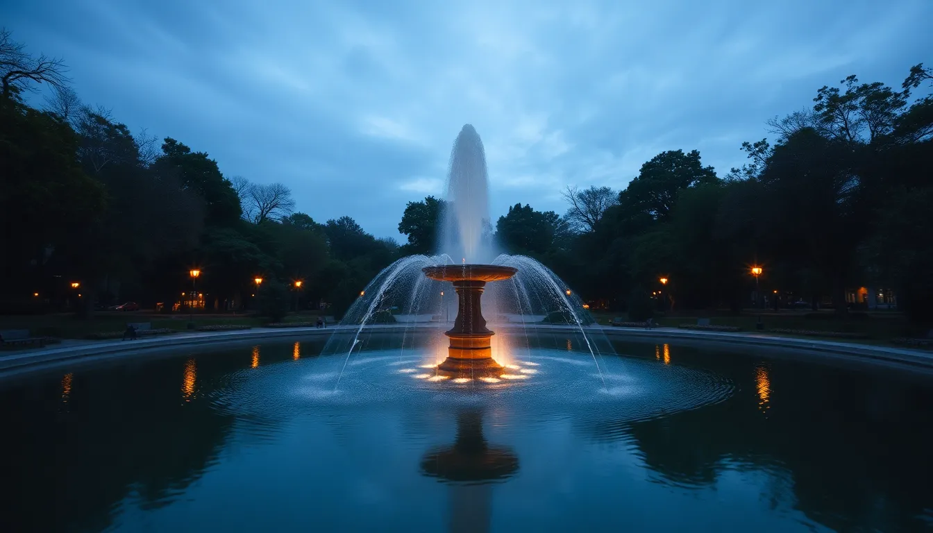 Twilight Fountain in an Urban Park