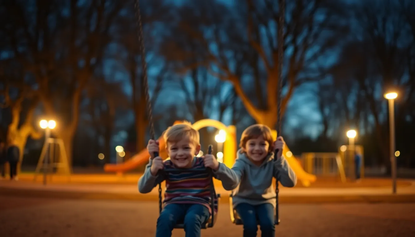Children Playing at Twilight in a City Park