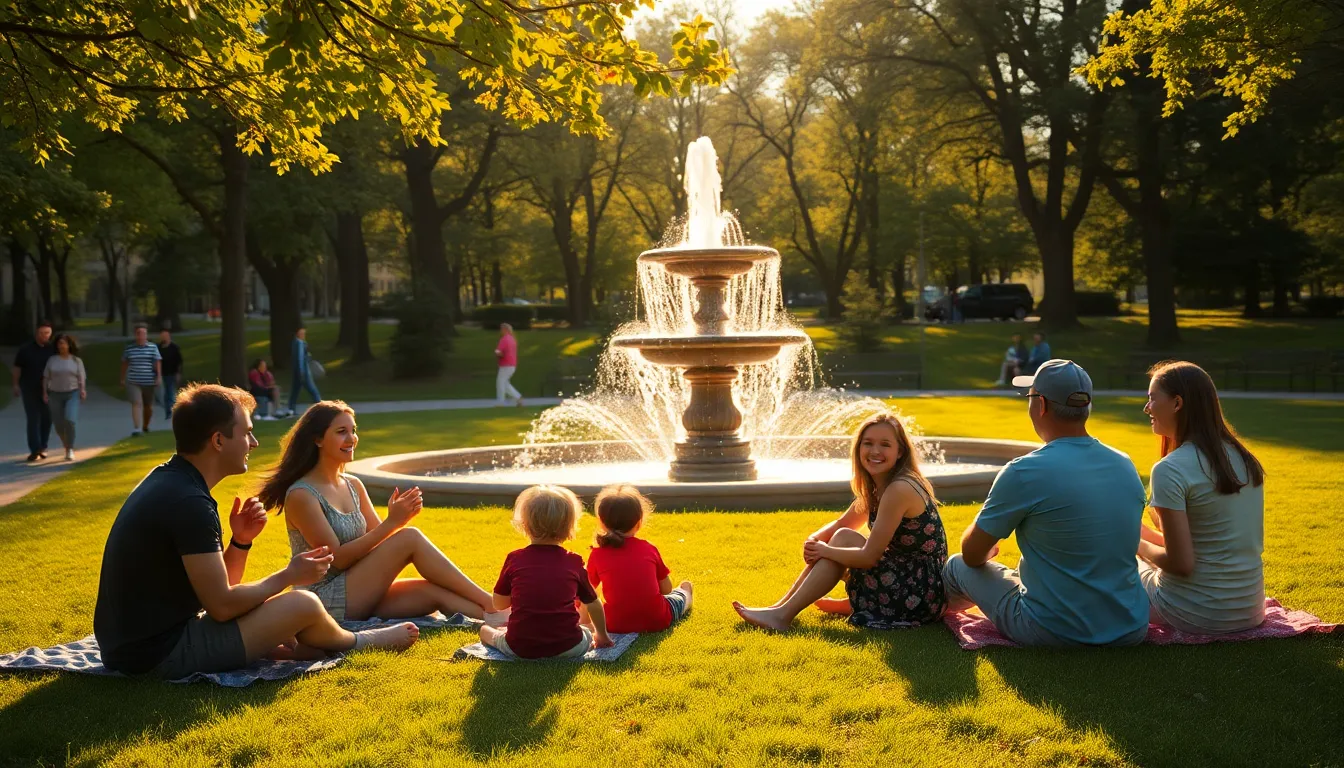 A lively city park scene during spring featuring families enjoying a sunny day. Picnic blankets are spread across the lush green grass with a beautiful fountain in the background. Golden hour sunlight creates a warm atmosphere, casting dappled light on the cheerful faces of children playing. The image captures the essence of relaxation and joy, surrounded by nature amidst an urban setting.