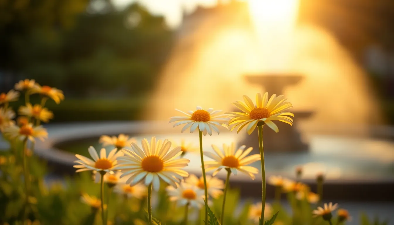 In a city park at golden hour, glowing daisies catch the warm sunlight, creating a picturesque scene. The background features a softly blurred fountain, enhancing the relaxed atmosphere. The vibrant petals and lush greens are highlighted by the creamy tonal palette, inviting viewers to immerse themselves in the beauty of nature. This tranquil moment captures the essence of a peaceful evening in an urban oasis.
