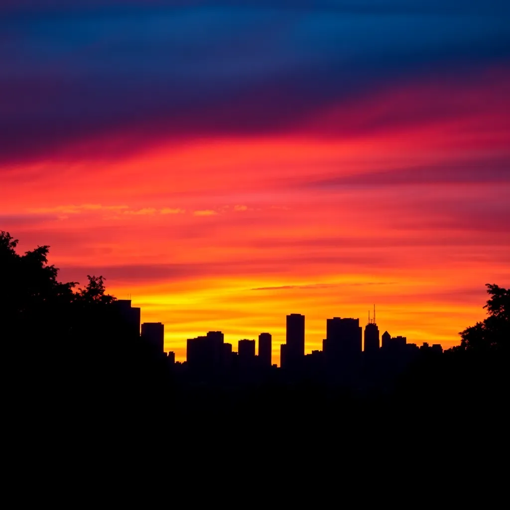 Dramatic Sunset Silhouette of City Skyline
