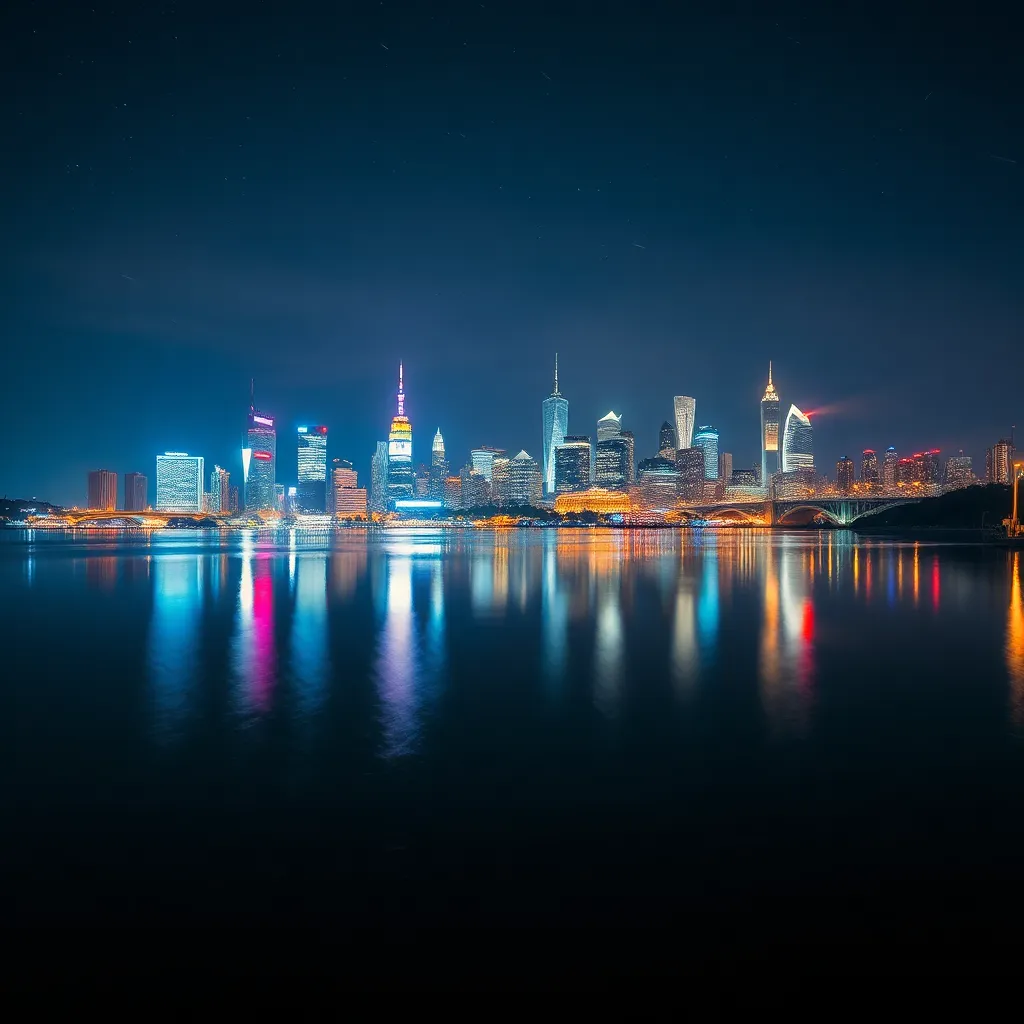 Enchanting City Skyline Reflected at Night