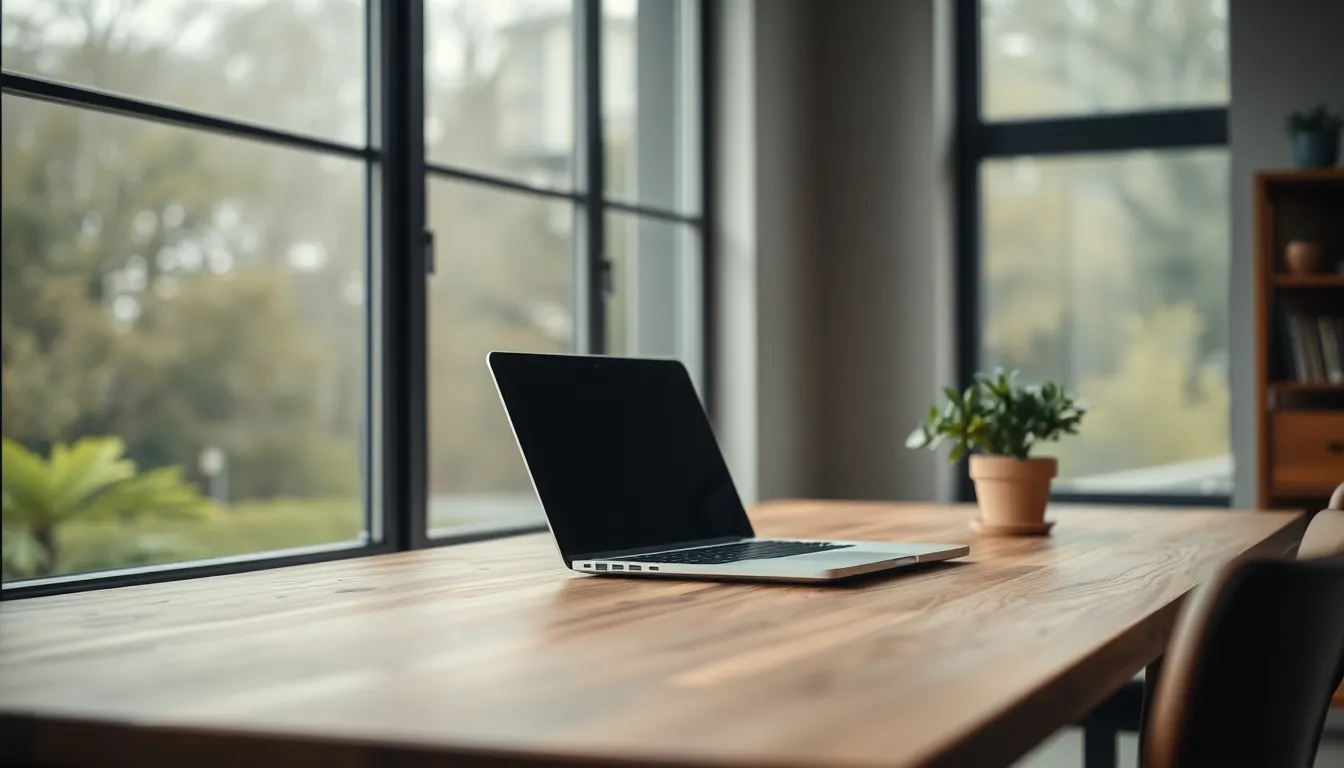 A serene modern workspace featuring a sleek laptop open on a natural wood desk with a potted plant nearby. The image captures soft, diffused daylight streaming through large windows, creating a calm, inviting atmosphere. The warm, muted palette emphasizes the natural textures of the wood and the clean design of the laptop, while a shallow depth of field keeps the background pleasantly blurred. This composition invites viewers to imagine themselves in a productive, tech-savvy environment.