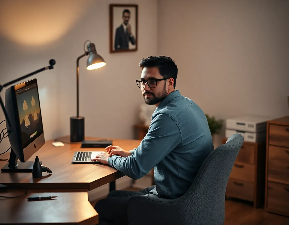 This image captures a creative professional immersed in cloud technology, seated at a modern wooden desk with digital devices showing various cloud software applications. The warm indoor light from a vintage desk lamp casts inviting shadows, and the hyperfocal distance allows for sharp detail from foreground to infinity. The natural muted tones, combined with the textures of the desk and fabric chair, create a cozy yet productive atmosphere, emphasizing the harmony of technology in a creative workspace.