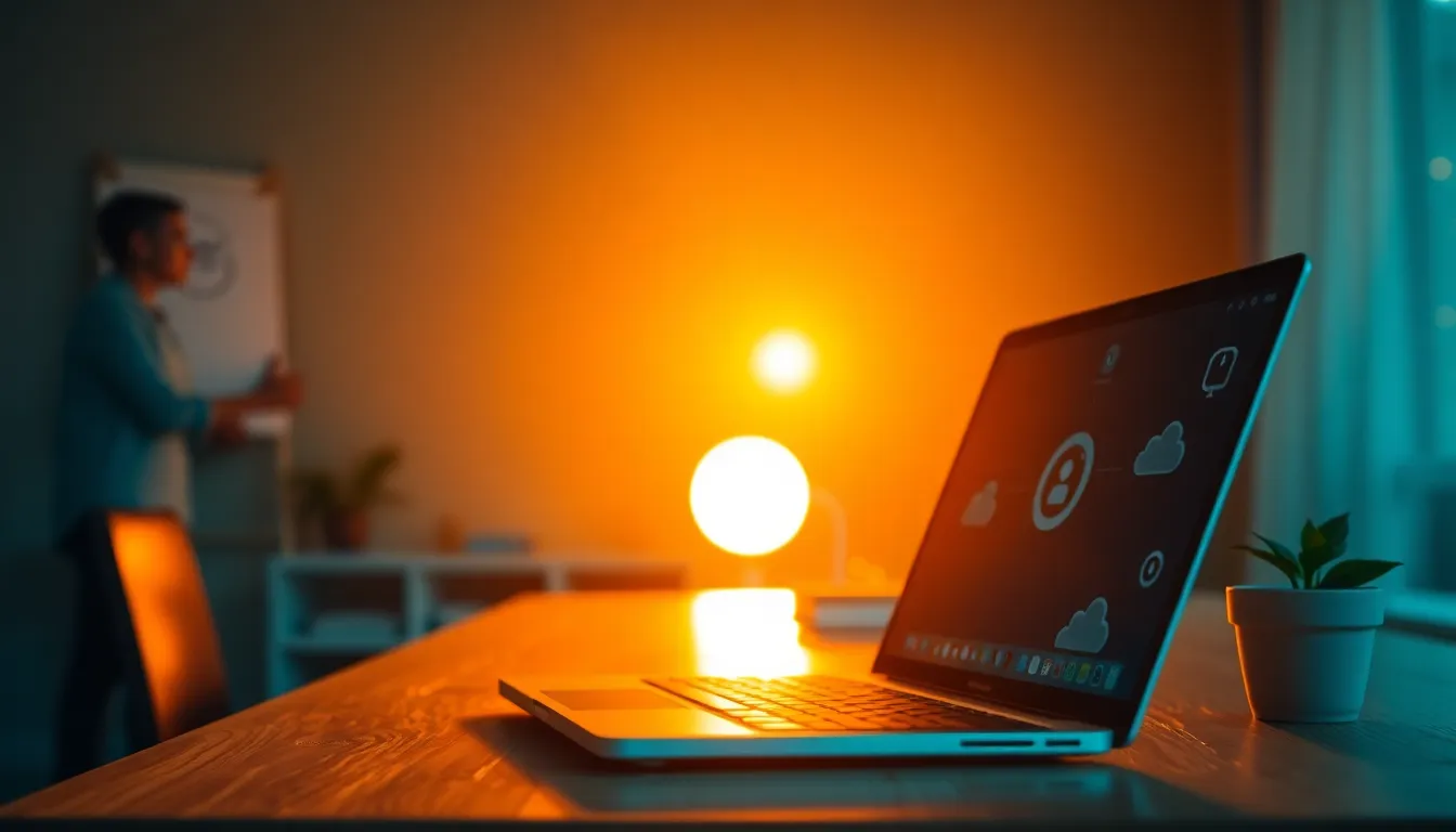 A professional seated at a natural wooden desk, deeply engaged with a sleek laptop showcasing cloud computing applications. The warm golden hour light creates an inviting atmosphere, enhanced by vibrant teal and orange hues. Delicate cloud icons float gently in the background, evoking a sense of innovation. The composition follows the rule of thirds, drawing attention to the subject on the left, while a soft bokeh blurs the serene workspace behind.