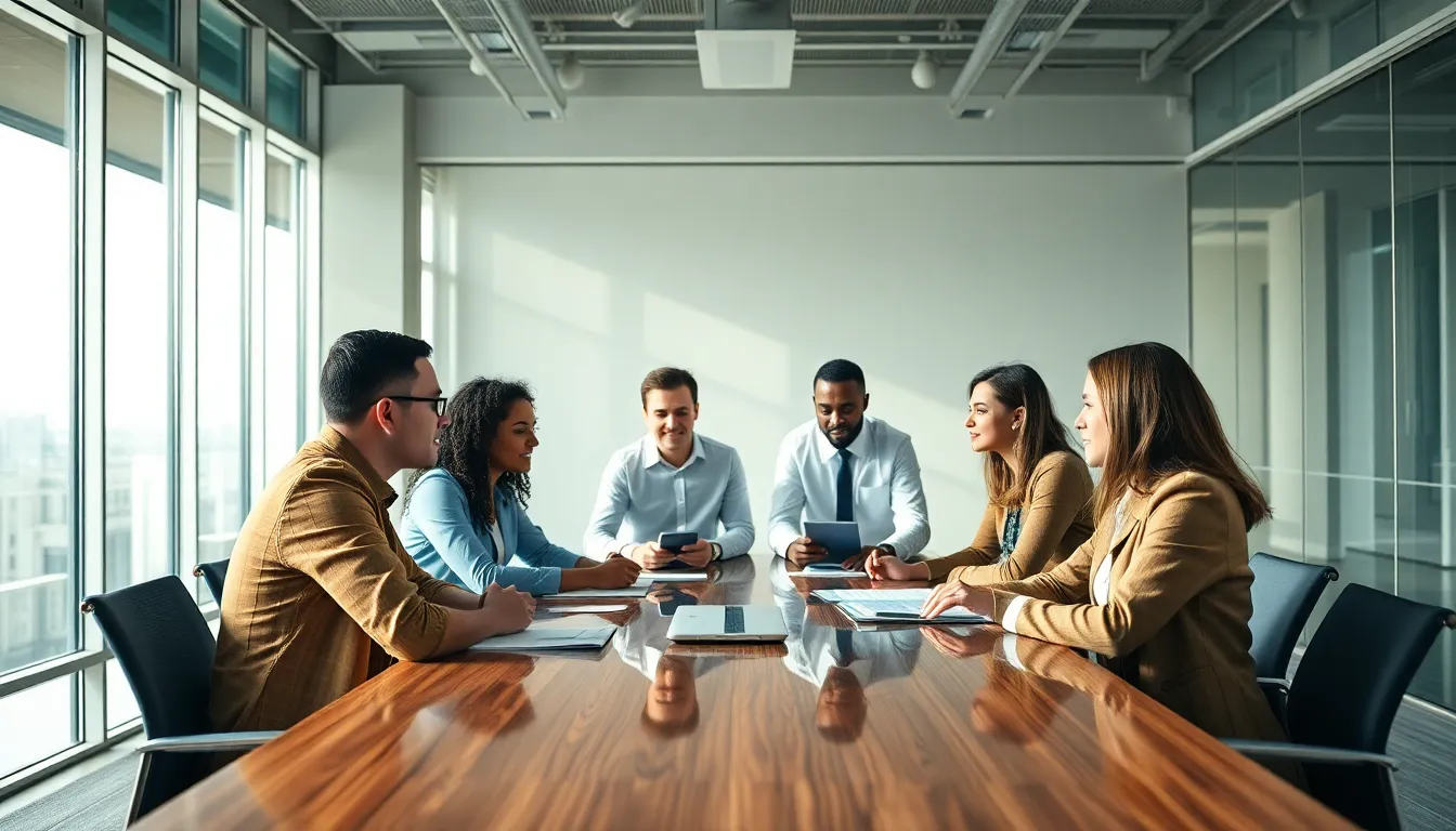 A diverse group of professionals engaged in a cloud computing strategy session at a modern office. Soft, diffused daylight pours in through large windows, illuminating their focused expressions and the sleek design of the conference table. Rich textures from the natural wood and polished glass enhance the professional atmosphere. The muted earth tones and hints of blue create a calm yet productive mood, emphasizing teamwork and innovation.