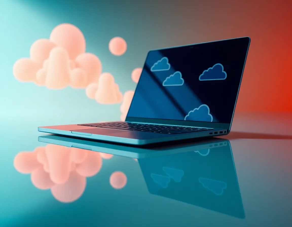 Futuristic Laptop with Cloud Design A captivating image of a futuristic laptop adorned with cloud-themed designs, resting on a high-gloss surface. The bright studio lighting accentuates the laptop's sleek design and reflective surfaces, creating a visually striking composition. The shallow depth of field draws attention to the keyboard, while the overall cinematic color grading applies a modern aesthetic to the scene. This image highlights the intersection of technology and artistry, demonstrating advanced cloud computing capabilities.
