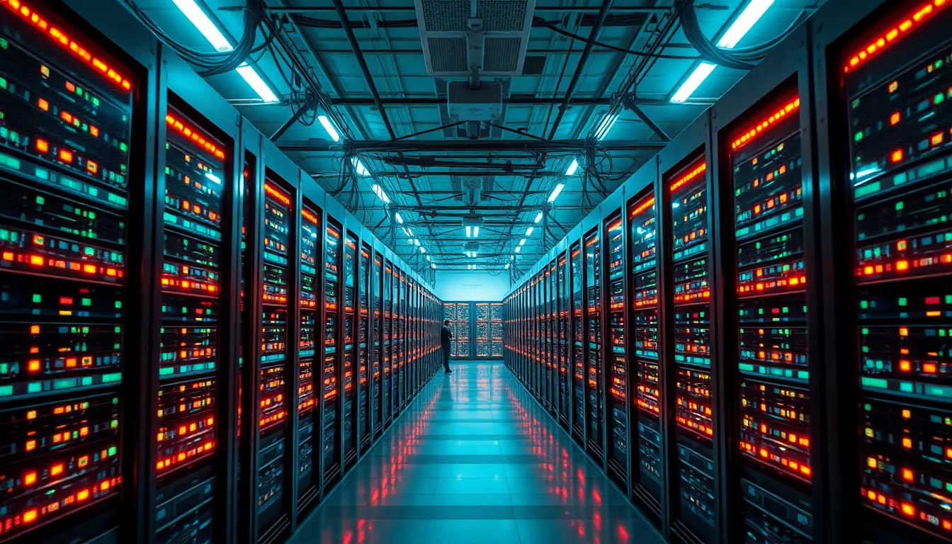 This dramatic image showcases a sprawling data center filled with rows of illuminated servers, capturing the essence of cloud computing infrastructure. Bright diffused lighting enhances the glowing colors of the servers, creating an energetic and futuristic atmosphere. The teal and orange color grading adds a cinematic edge, while the symmetrical composition emphasizes the technological order of the environment. This image serves as a powerful visual representation of modern data management and cloud solutions.