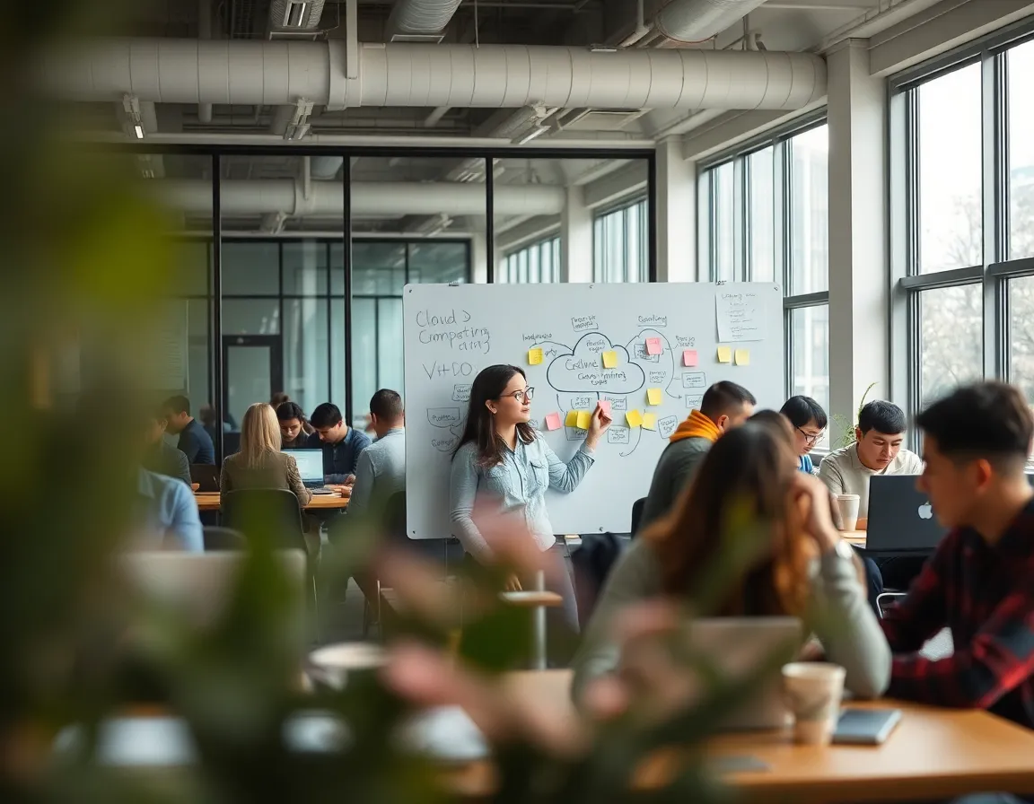 Innovative Coworking Space with Cloud Concepts An engaging coworking space is filled with individuals immersed in their tasks, surrounded by diagrams of cloud computing on glass partitions. Soft diffused daylight creates an inviting atmosphere, while the depth of field accentuates a young woman's focus on her brainstorming session. Natural muted tones, punctuated by colorful sticky notes, enhance the workspace's vibrant energy. This image captures collaboration and creativity in the tech field.