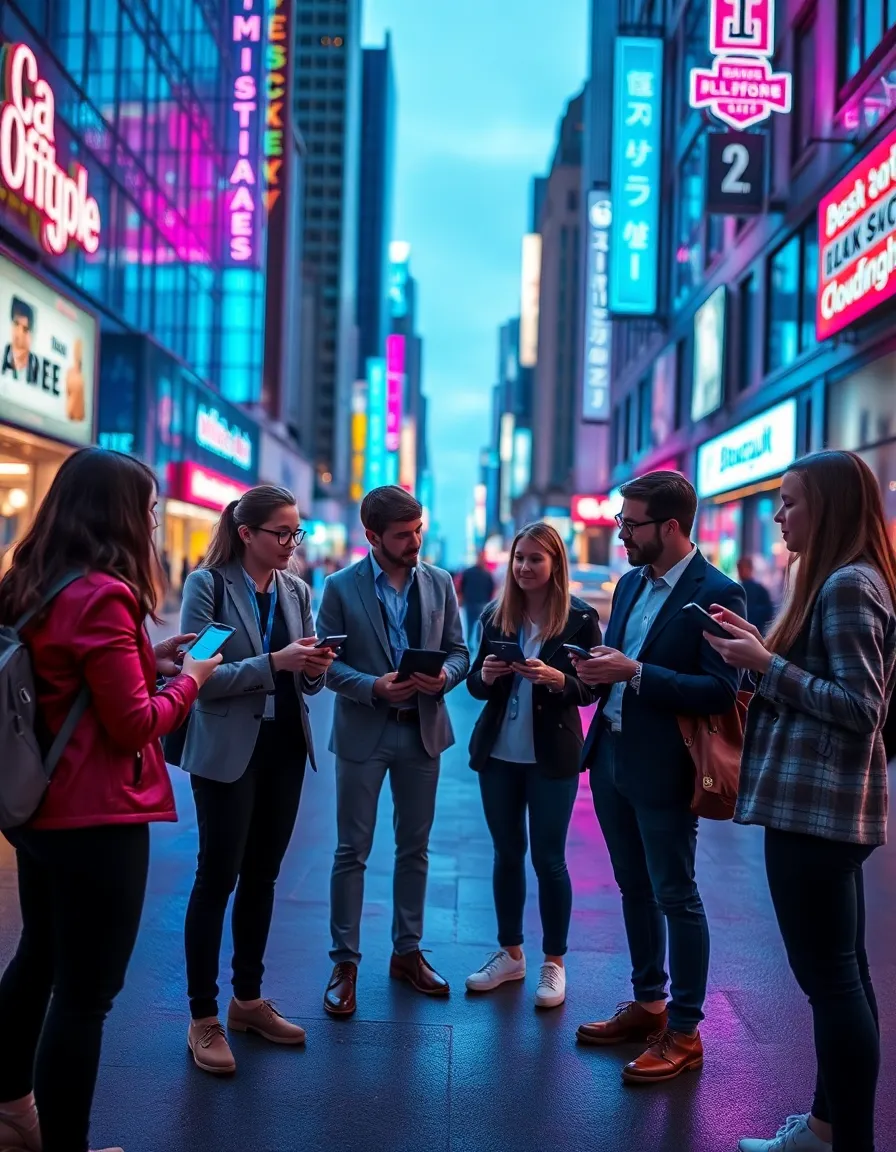 Urban Professionals Discussing Cloud Solutions In an urban evening scene, a group of young professionals is actively discussing cloud solutions while engaging with their devices. The mix of neon signage reflects vividly on the wet pavement, enhancing the energetic atmosphere. The shallow depth of field draws focus to the group, with a vibrant palette of blues and purples creating a modern, dynamic vibe. Textures from the slick pavement and varied clothing materials add depth to this lively setting.