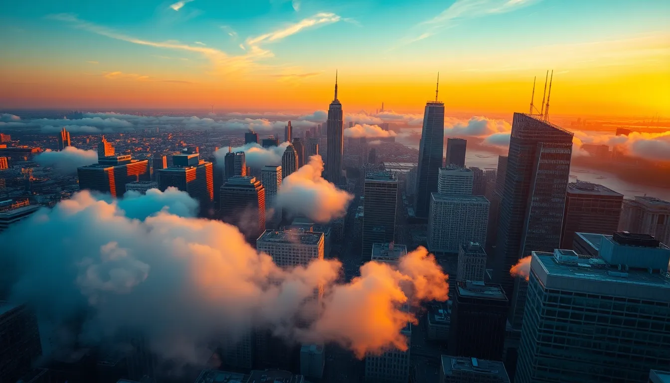 Aerial View of City Skyline with Digital Clouds An aerial view captures a bustling city skyline at sunset, where digital cloud shapes blend into the urban landscape. The warm golden hour light creates a striking juxtaposition against cool blue skies. Sharp details from foreground to background emphasize the intricate architecture and street layouts, while the cinematic color grading enhances the visual appeal. This image showcases the intersection of cloud computing and urban life.