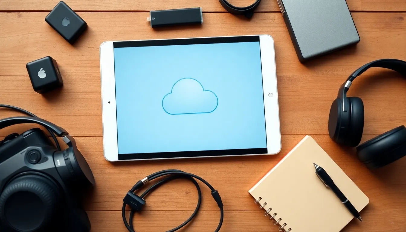 Digital Tablet and Accessories for Cloud Computing This visually appealing flat lay showcases a digital tablet running a cloud computing application, surrounded by tech accessories like sleek headphones and a stylish notepad. The soft daylight illuminates the scene, bringing out the textures and colors of each item. The warm tones and rustic wooden background create a welcoming workspace vibe, perfect for illustrating the tools needed for cloud technology.