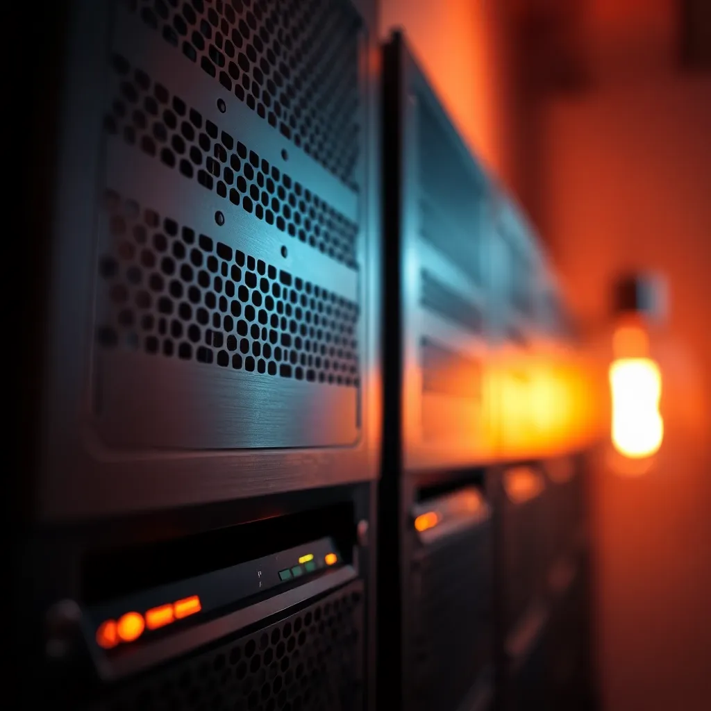 An intimate close-up of a state-of-the-art cloud server, beautifully illuminated by warm tungsten light that highlights the intricate details of its metal casing. The cozy, warm glow contrasts with the cold steel greys, inviting a sense of comfort within advanced technology. This macro shot, captured with a shallow depth of field, emphasizes the server's sophisticated design while softly blurring the background, drawing attention solely to the technology. It's a striking representation of innovation in cloud computing.